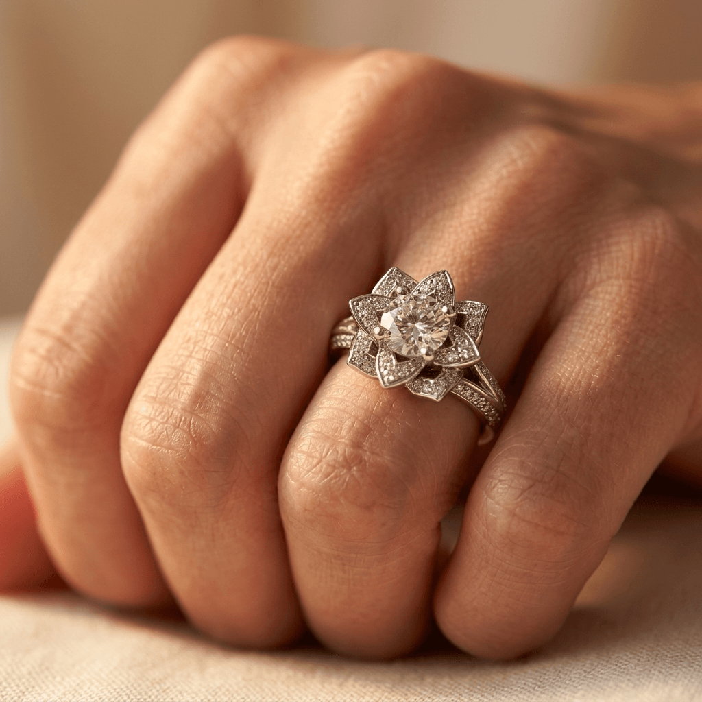Elegant Zirconia Lotus Flower Engagement Ring