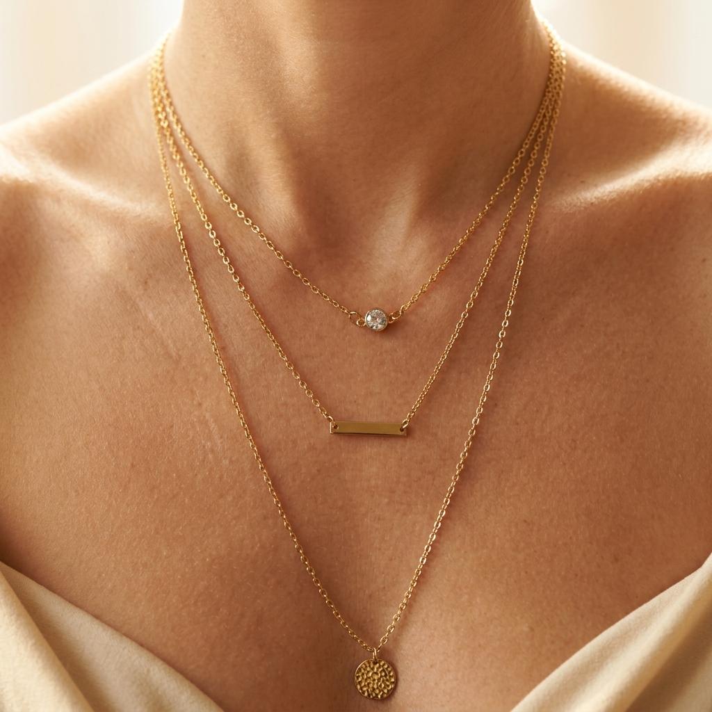 Gold Tone Layered Necklace With Round Pendant