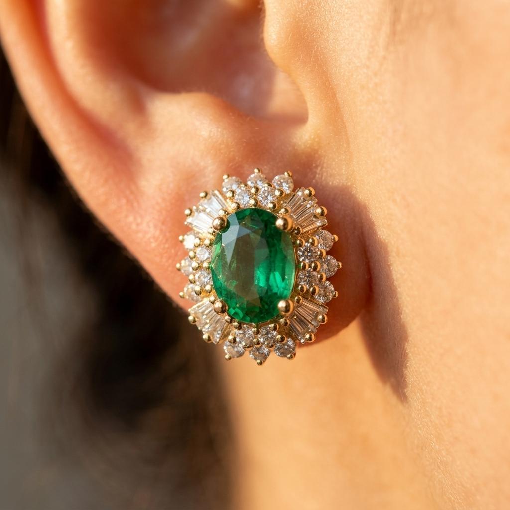Green Gemstone Round Cut Vintage Stud Earrings