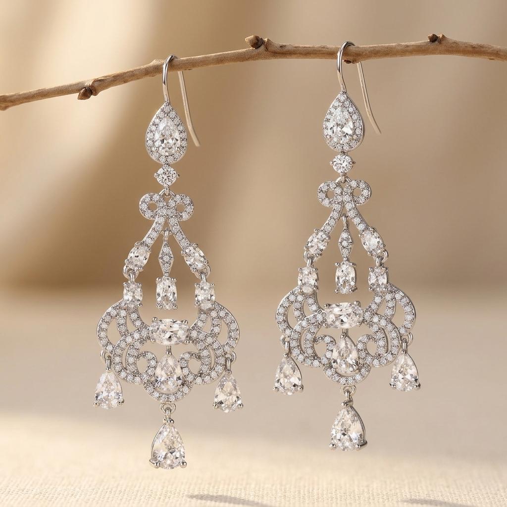 Cubic Zirconia Silver Chandelier Teardrop Earrings