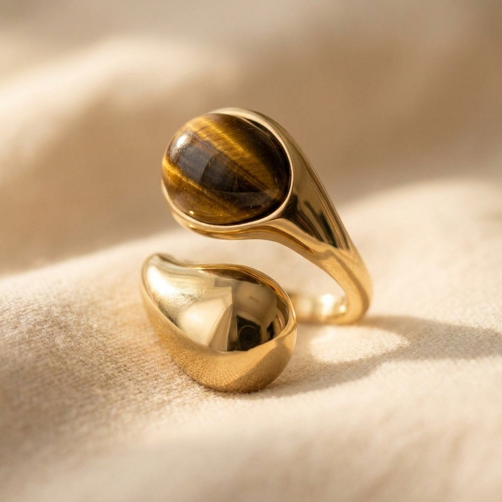 Gold Tiger Eye Stone Oval Statement Ring