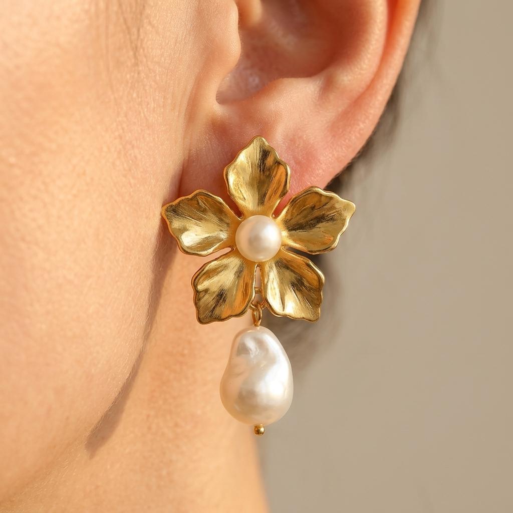 Gold Flower Pearl Drop Earrings