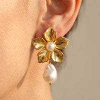 Gold Flower Pearl Drop Earrings