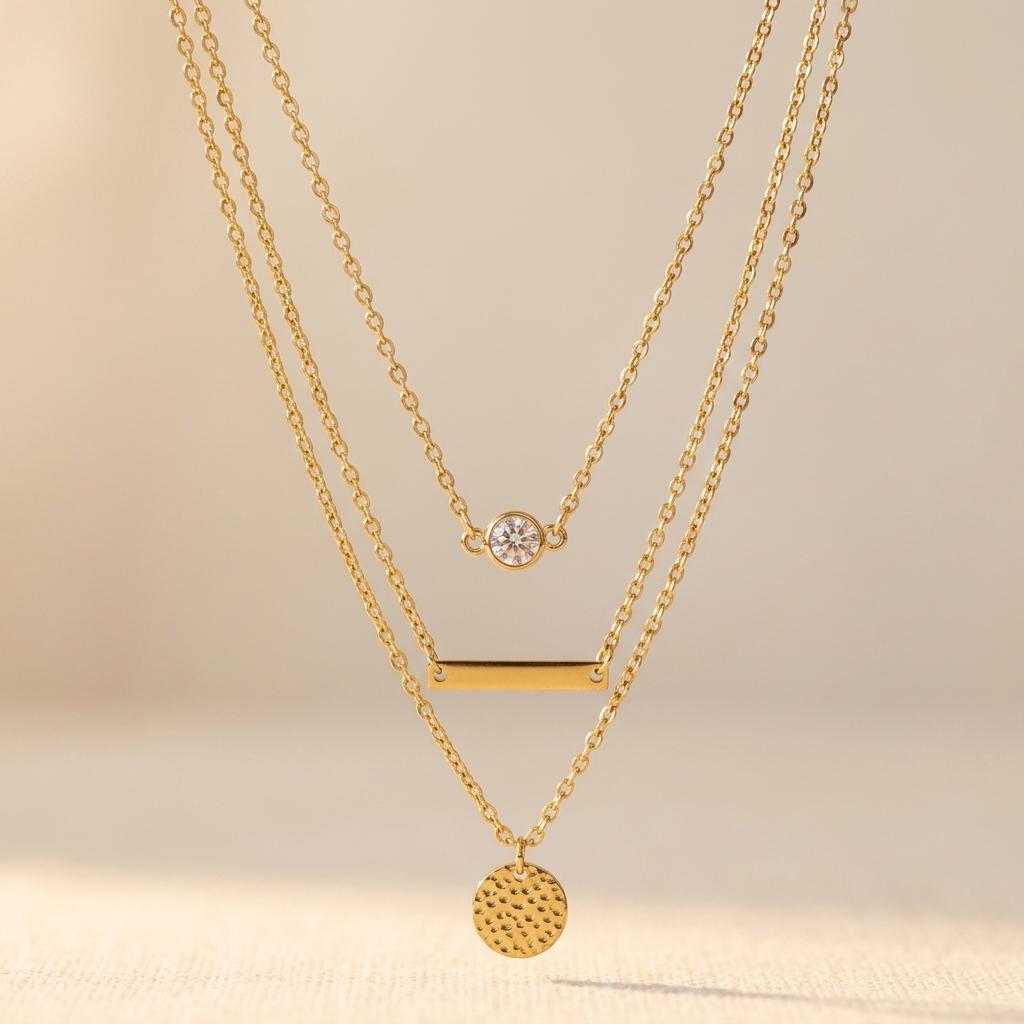 Gold Tone Layered Necklace With Round Pendant