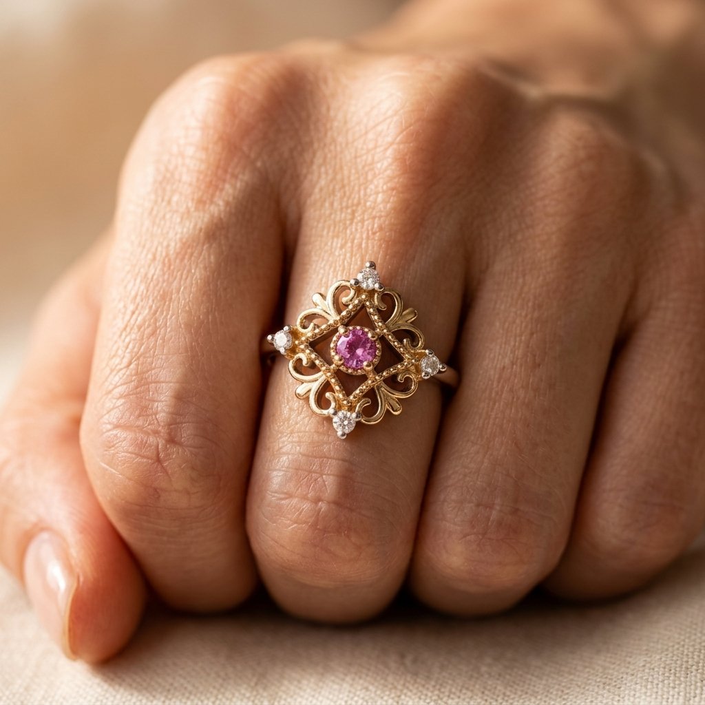 Vintage Gold Pink Sapphire Filigree Ring