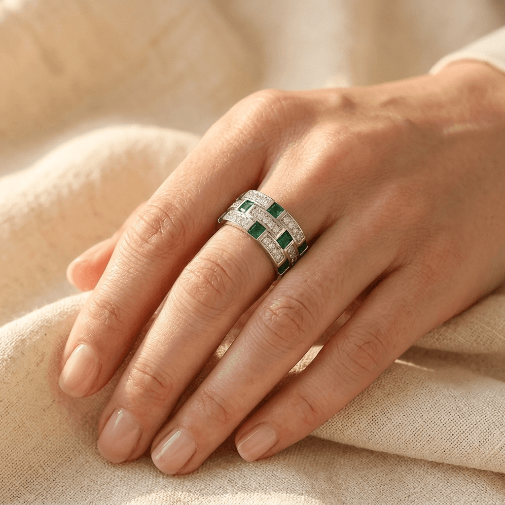 Emerald Green Silver Diamond Band Ring