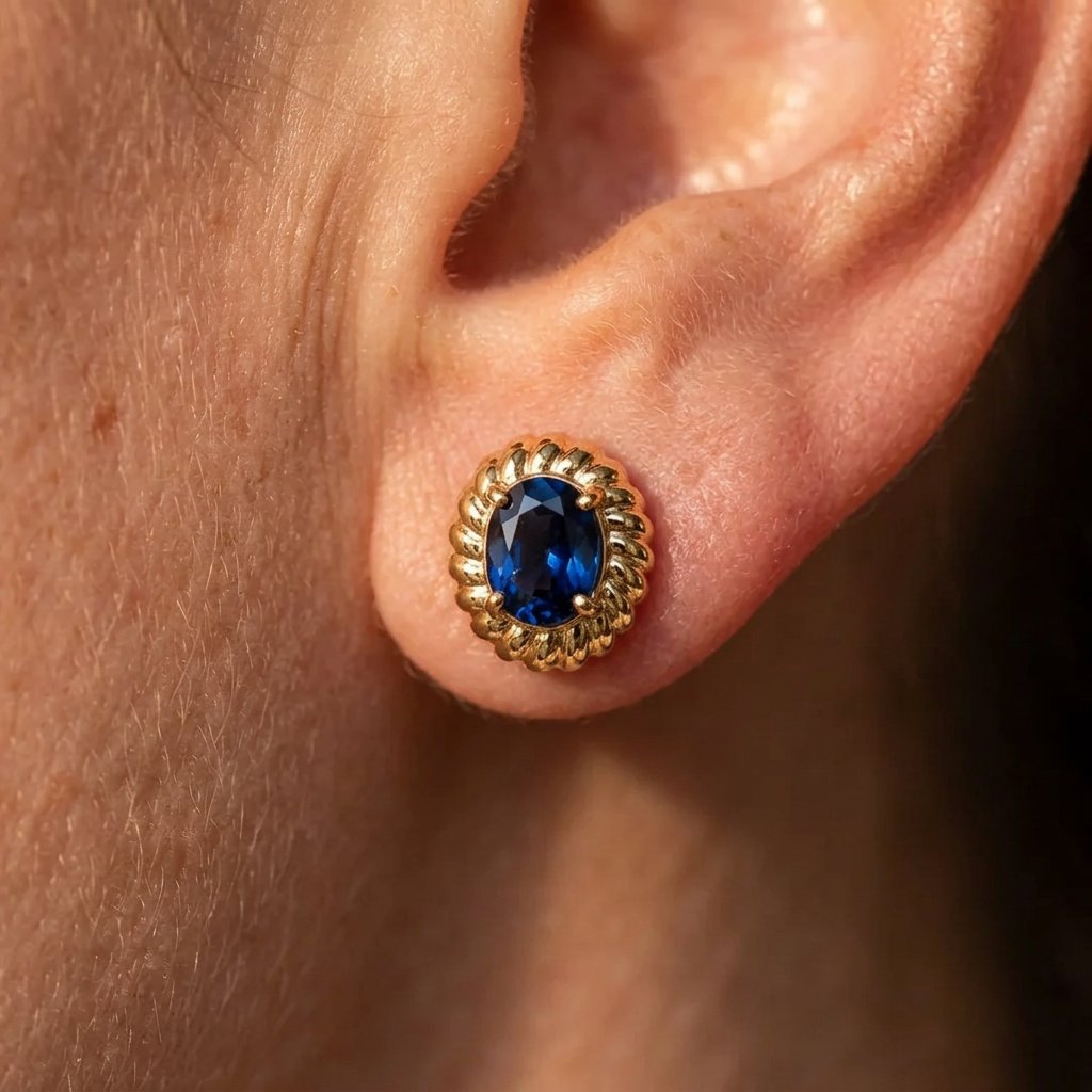 Gold Sapphire Oval Floral Stud Earrings