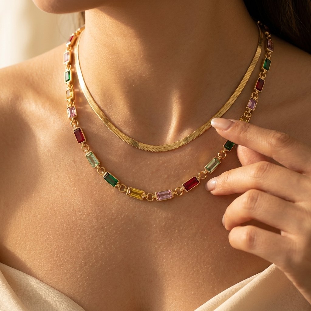 Gold Multicolor Gemstone Link Necklace
