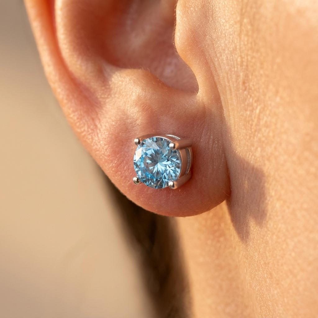 Blue Cubic Zirconia Round Stud Earrings