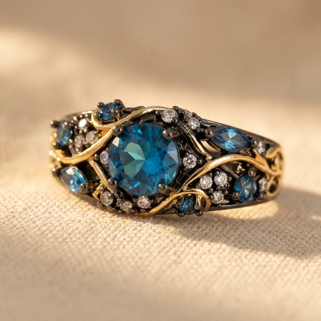 Vintage Gold Blue Topaz Filigree Ring