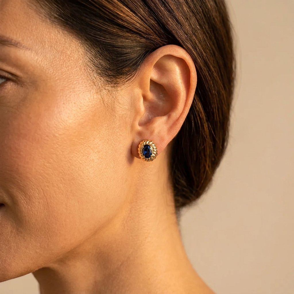 Gold Sapphire Oval Floral Stud Earrings
