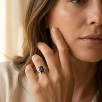 Vintage Gold Sapphire Emerald Cut Filigree Ring