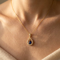 Gold Sapphire Teardrop Halo Necklace