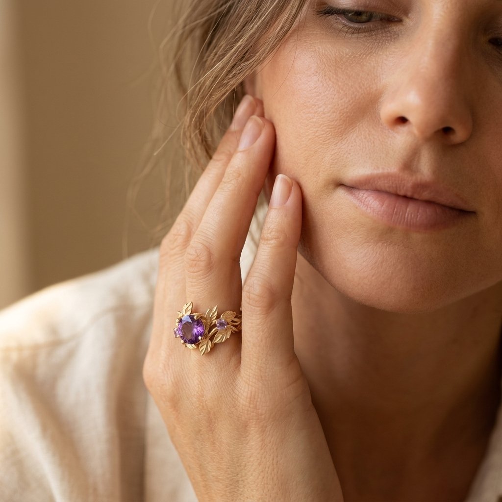 Botanical Gold Amethyst Leaf Vine Ring