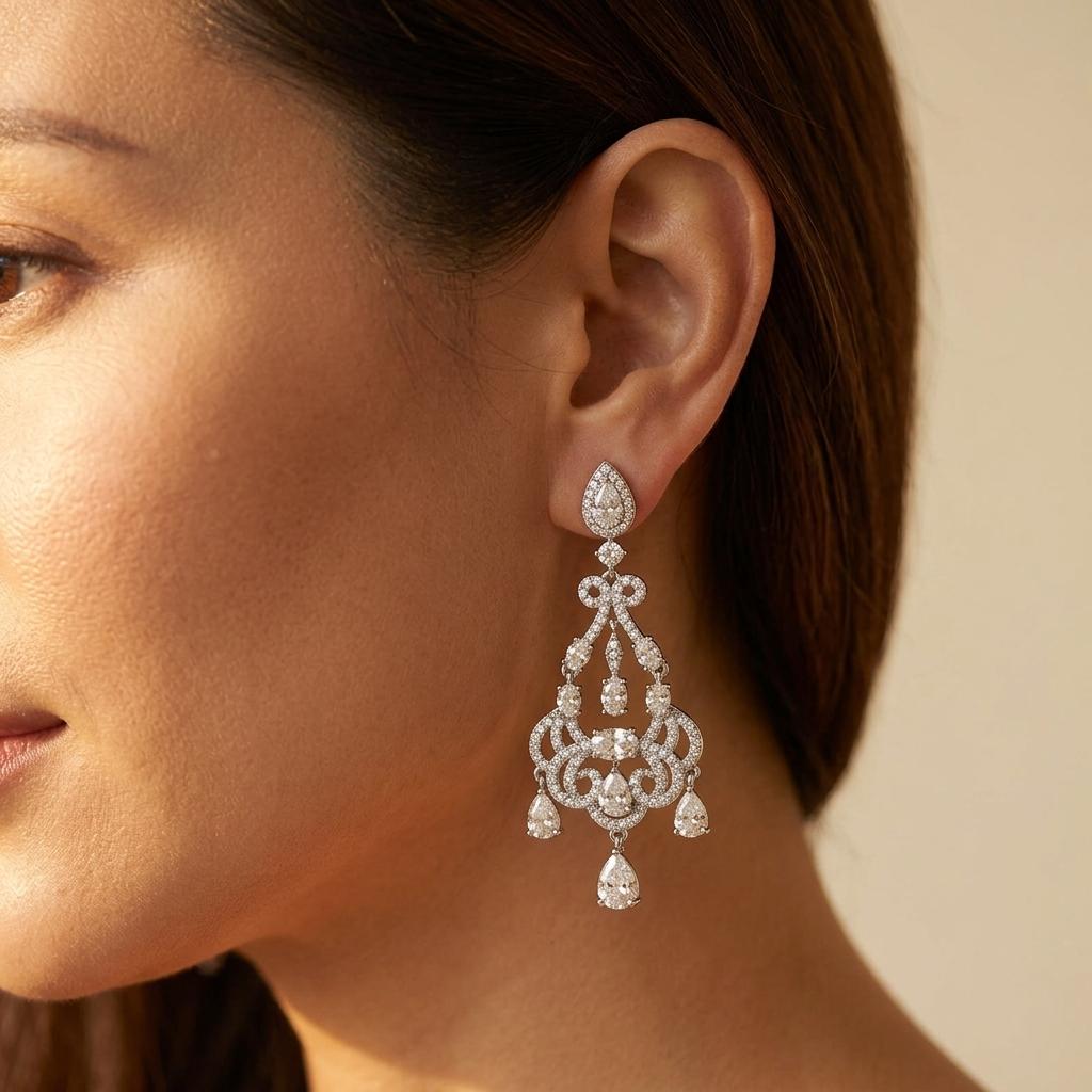 Cubic Zirconia Silver Chandelier Teardrop Earrings