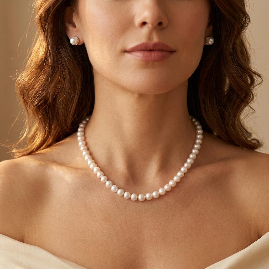 Pearl Round Necklace Earrings Jewelry Set