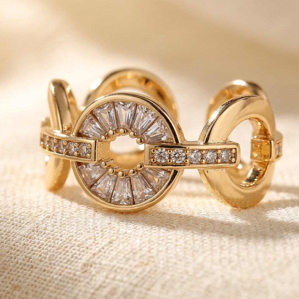 Art Deco Gold Baguette Crystal Circle Ring