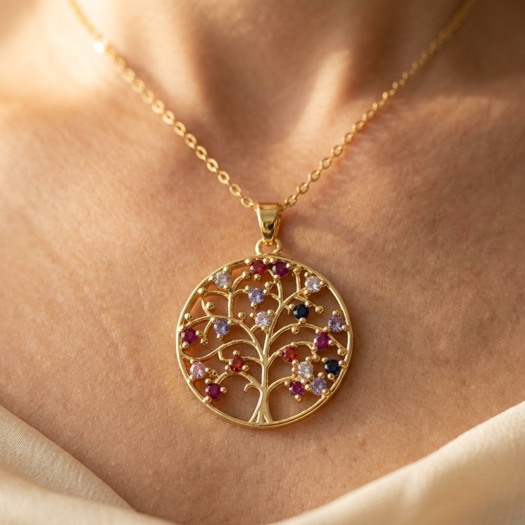 Gold Filigree Colorful Stone Tree Necklace