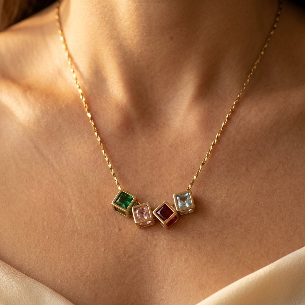 Gold Multicolor Square Stone Necklace