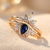 Vintage Gold Blue Sapphire Lotus Ring Set