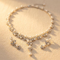 Elegant Pearl Gold Necklace Earrings Jewelry Set