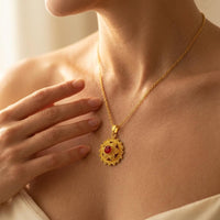 Vintage Gold Filigree Flower Pendant Necklace with Red Ruby Crystal