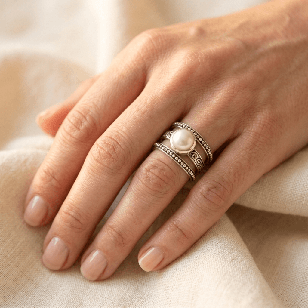 Bohemian Silver Pearl Beaded Ring