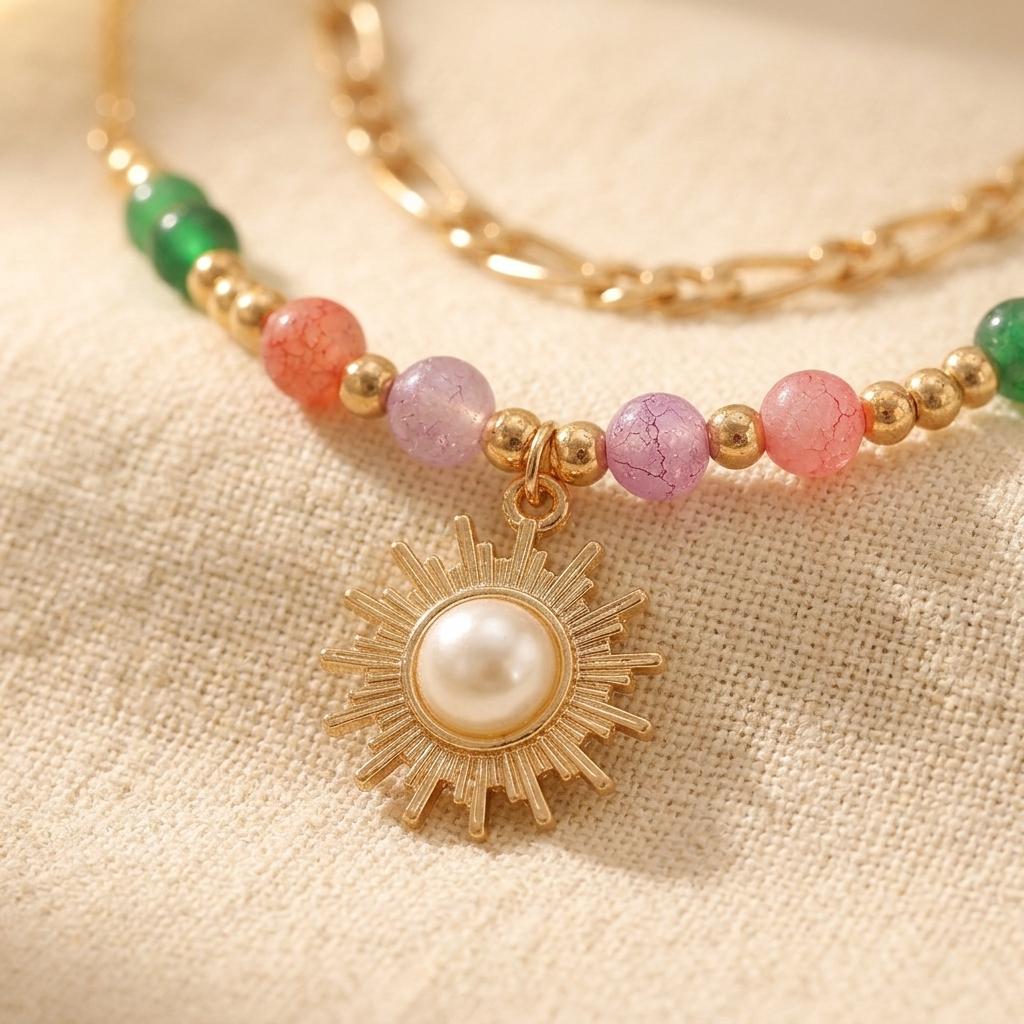 Bohemian Beaded Spiral Sun Pendant Necklace