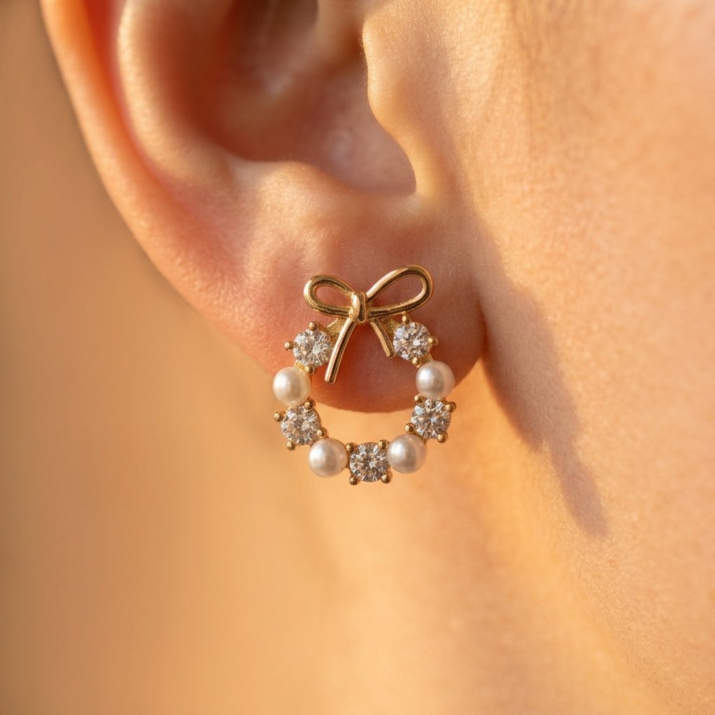 Gold Pearl Cubic Zirconia Bow Earrings