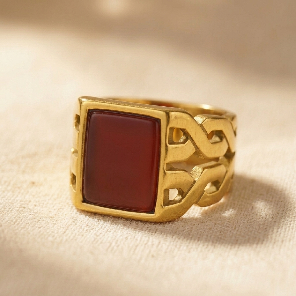 Gold Square Red Agate Statement Ring