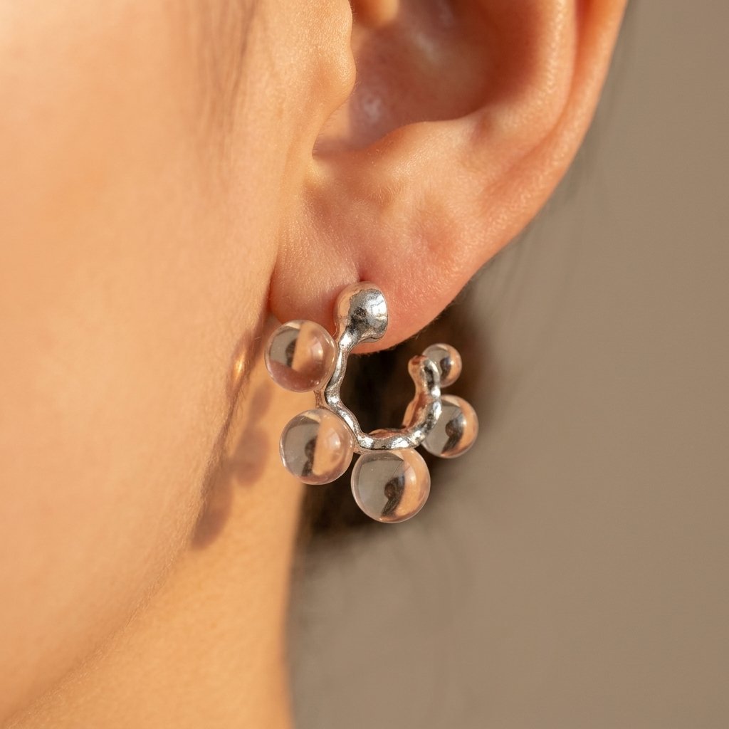 Sculptural Silver Clear Pink Bubble Hoop Earrings