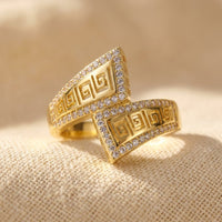 Greek Key Gold Pavé Diamond Open Ring