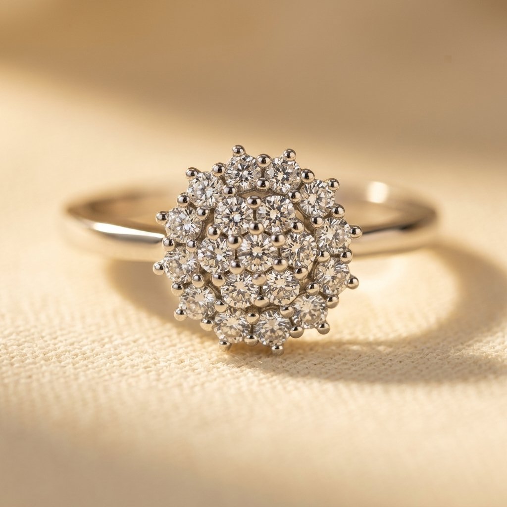 White Gold Round Halo Cluster Ring
