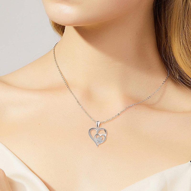Silver necklace with paw and heart with cubic zirconia
