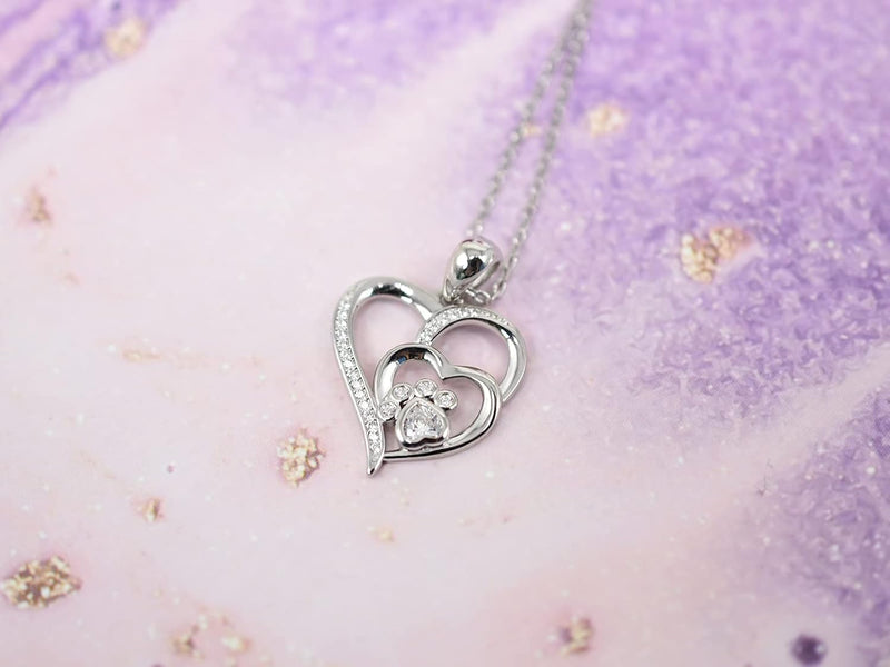 Silver necklace with paw and heart with cubic zirconia