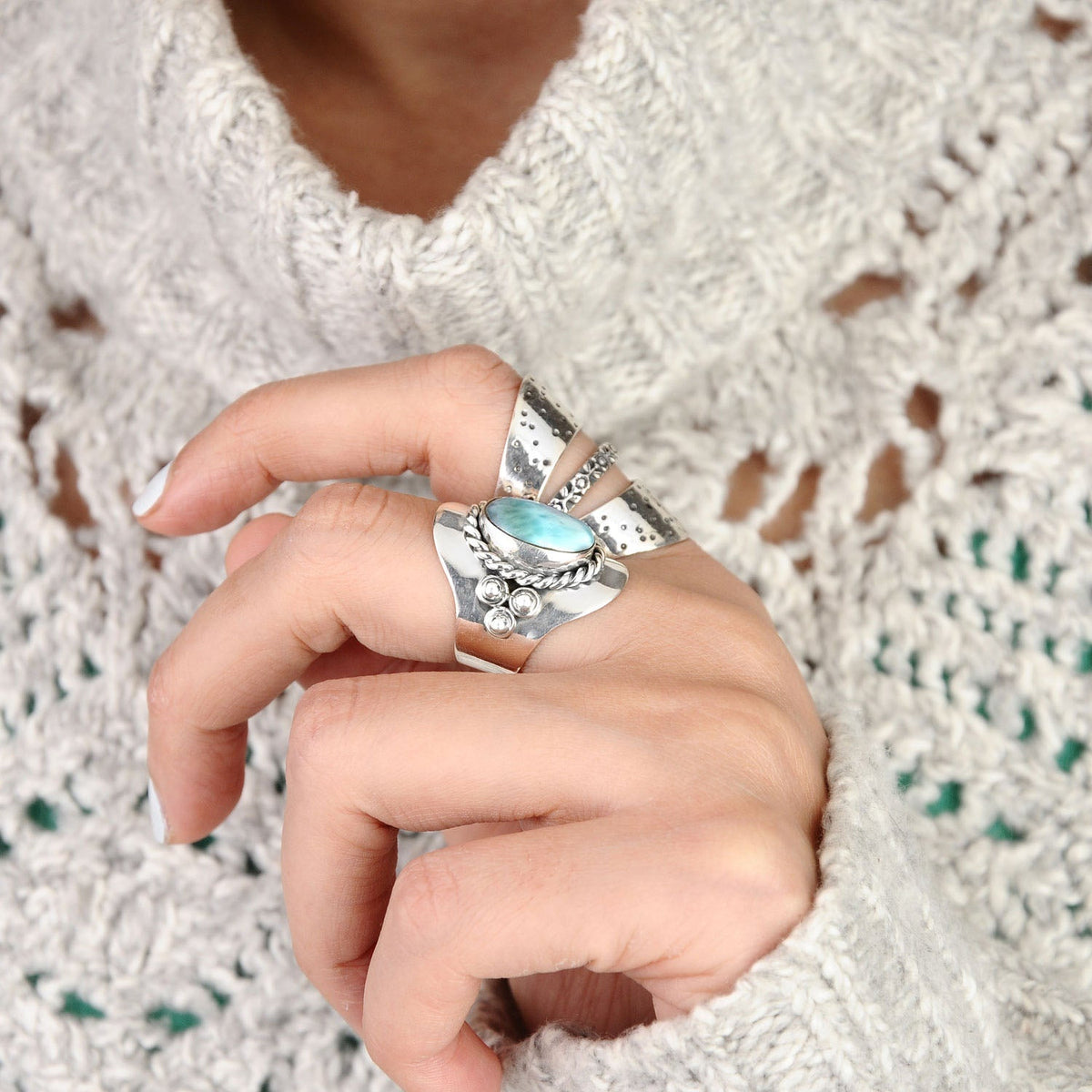 Vintage Style Oval Larimar Silver Boho Ring