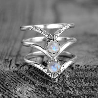 Bohemian Triple Chevron Rainbow Moonstone Silver Ring
