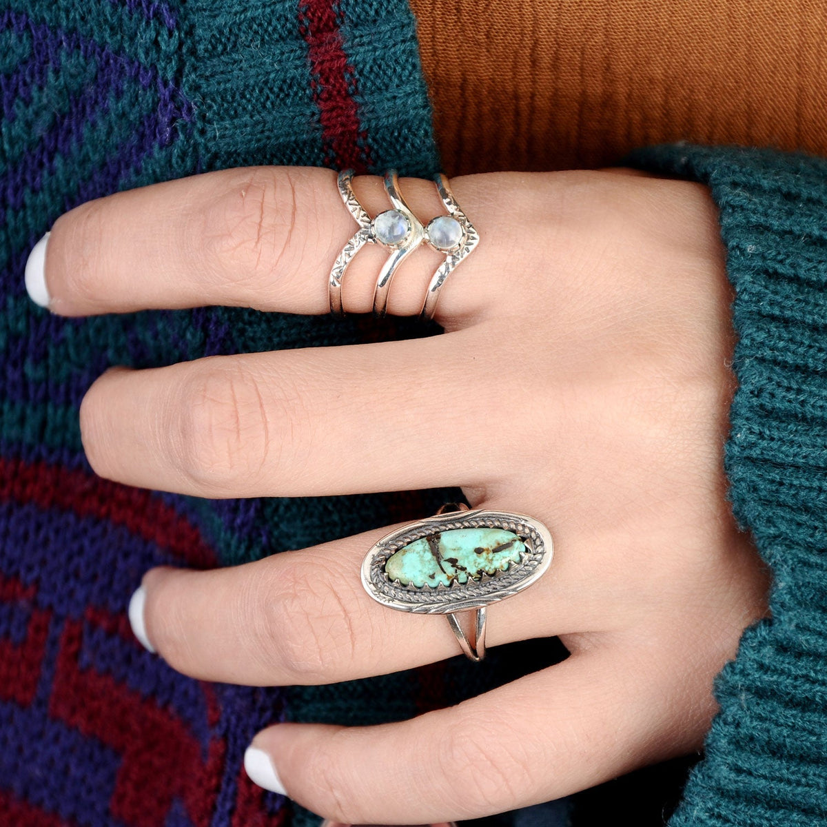 Bohemian Triple Chevron Rainbow Moonstone Silver Ring