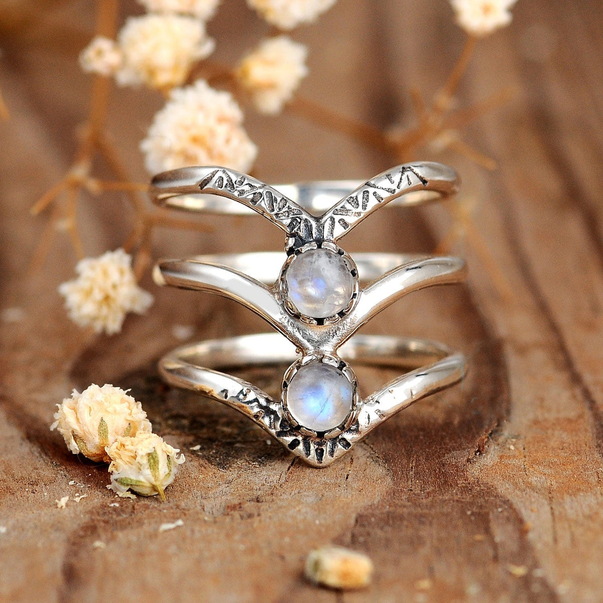 Bohemian Triple Chevron Rainbow Moonstone Silver Ring