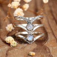 Bohemian Triple Chevron Rainbow Moonstone Silver Ring