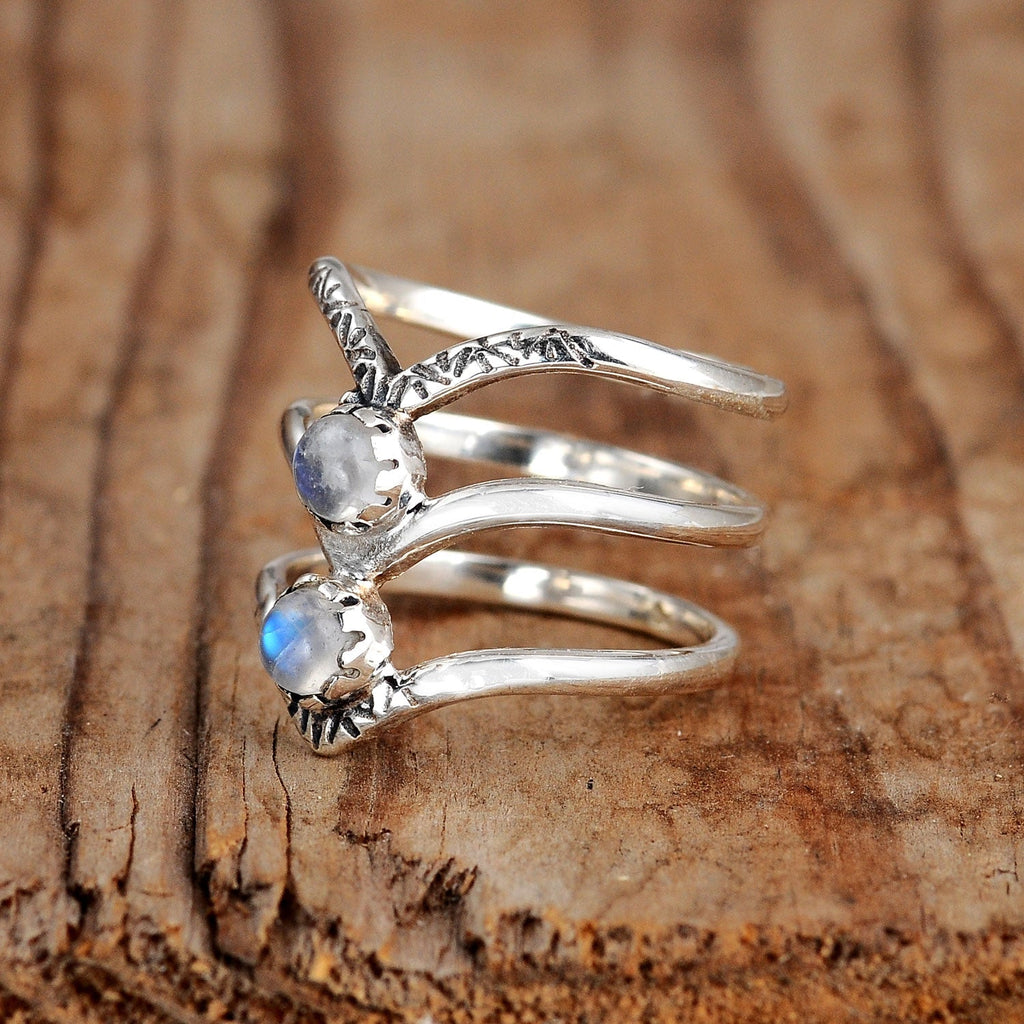 Bohemian Triple Chevron Rainbow Moonstone Silver Ring
