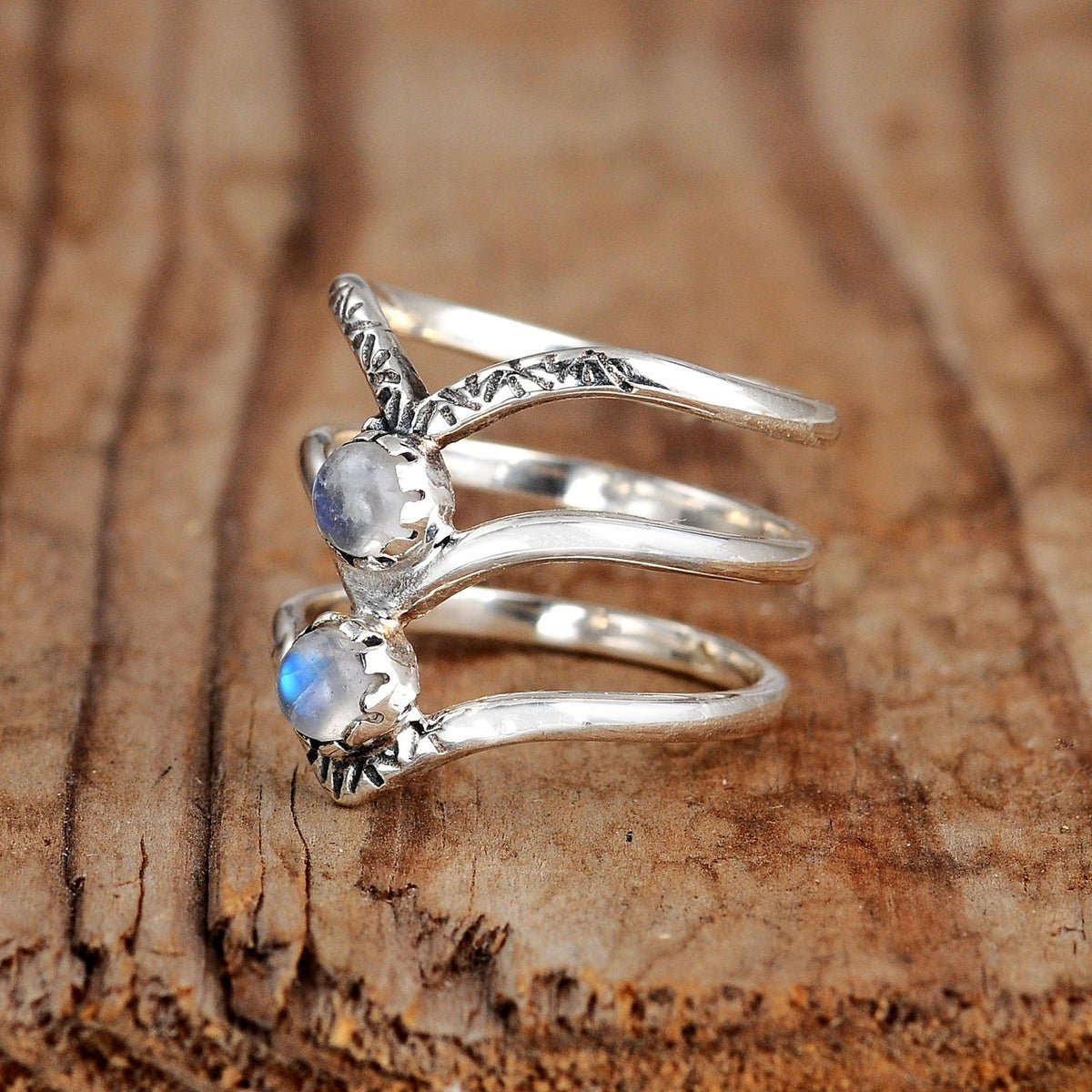 Bohemian Triple Chevron Rainbow Moonstone Silver Ring
