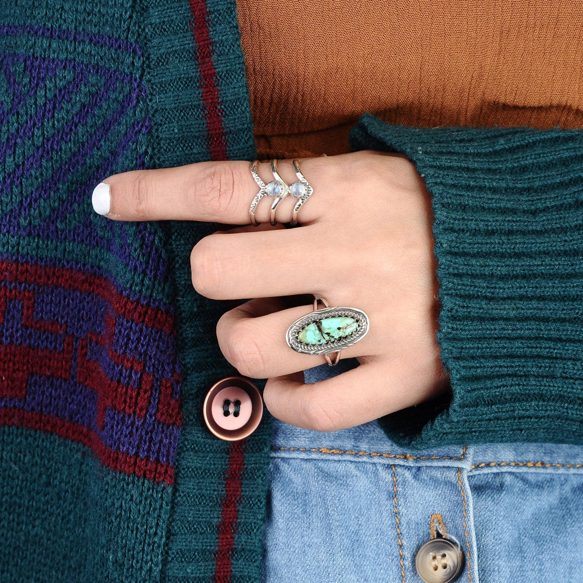 Bohemian Triple Chevron Rainbow Moonstone Silver Ring
