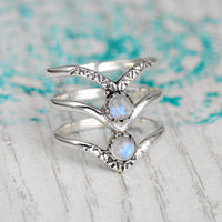 Bohemian Triple Chevron Rainbow Moonstone Silver Ring