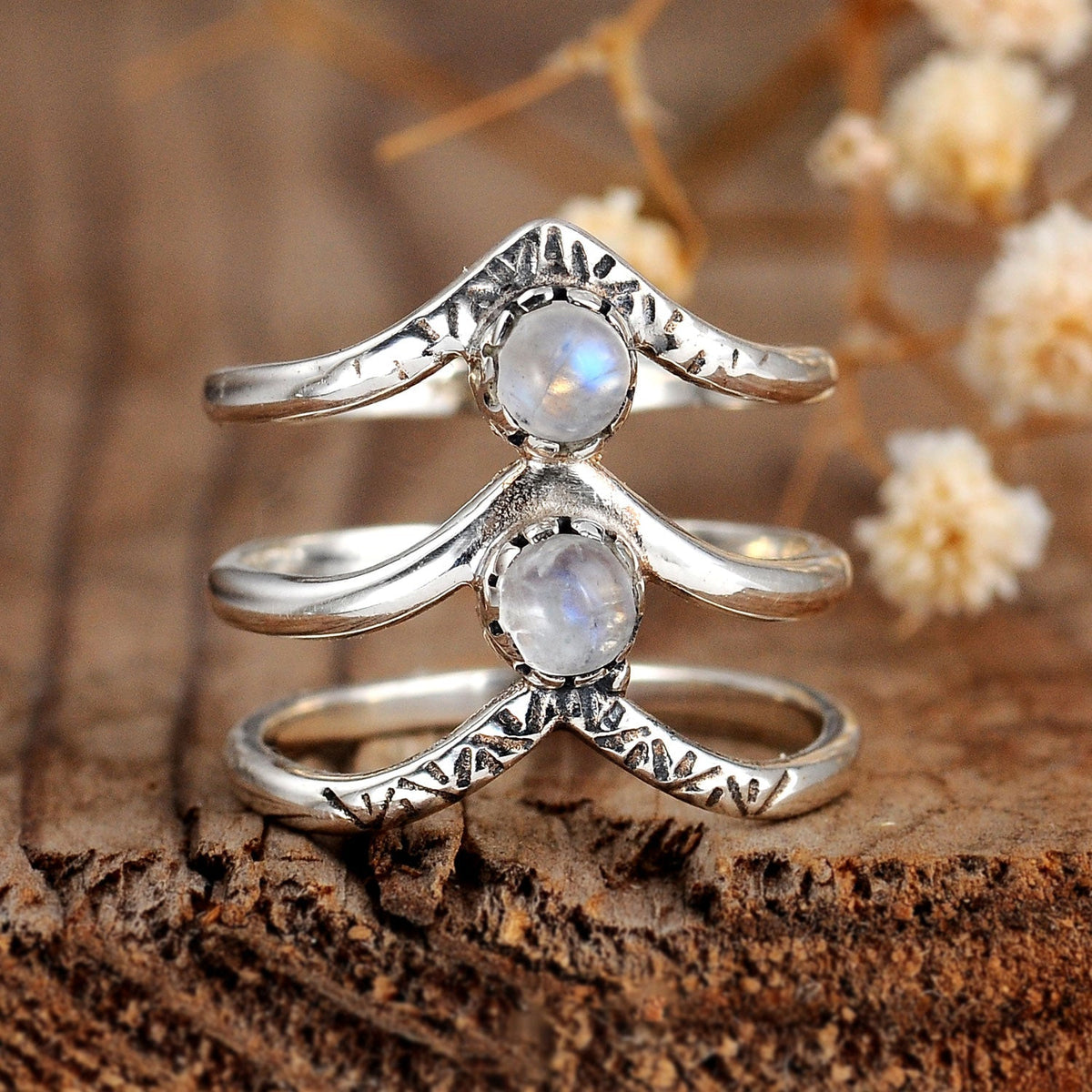 Bohemian Triple Chevron Rainbow Moonstone Silver Ring