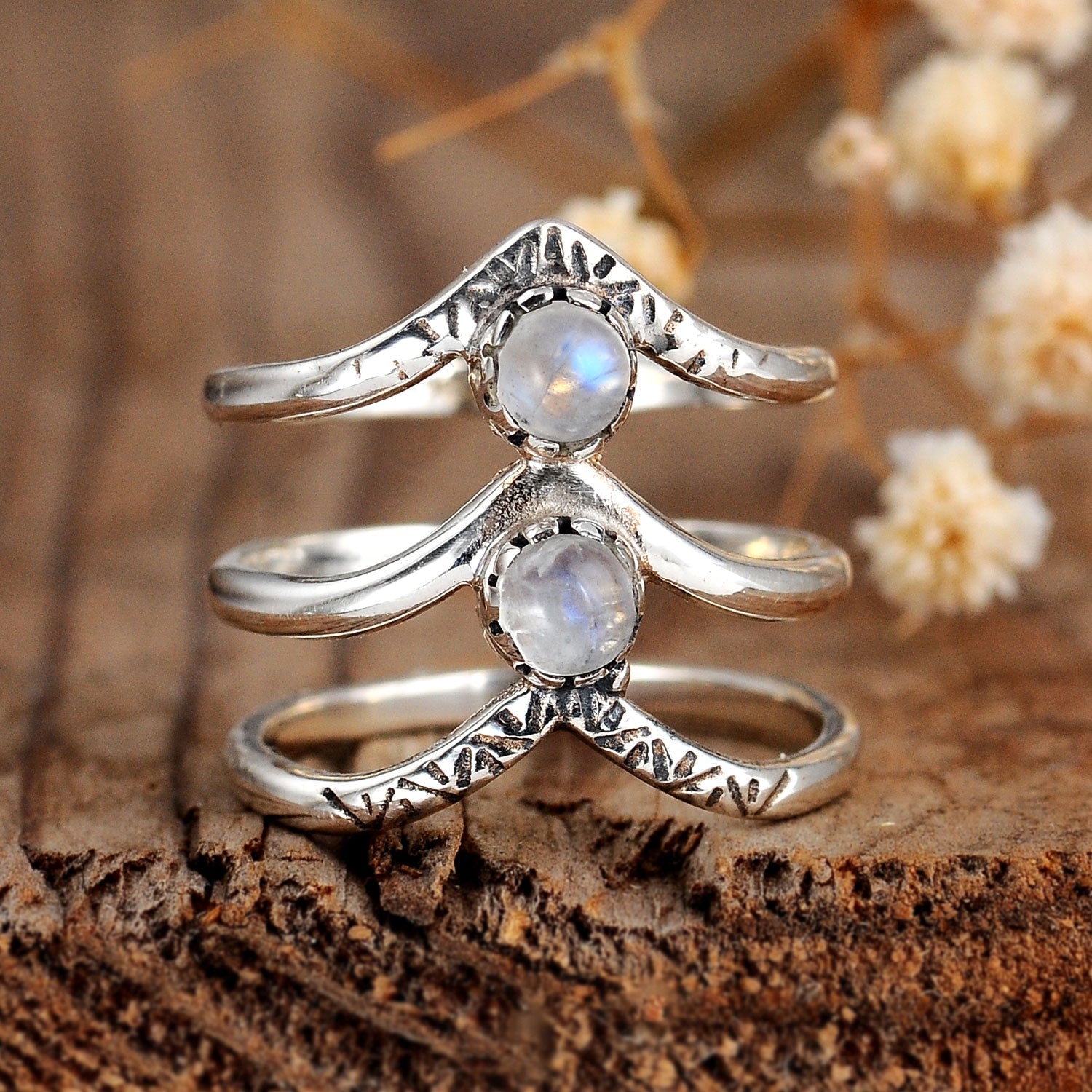 Bohemian Triple Chevron Rainbow Moonstone Silver Ring