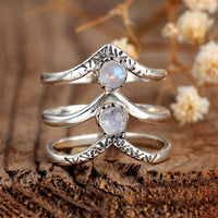 Bohemian Triple Chevron Rainbow Moonstone Silver Ring
