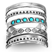 Bohemian Aztec Style Turquoise Wide Band Silver Ring