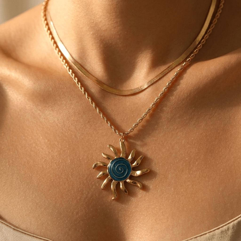 Sun Themed Earrings And Double Layer Necklace Set