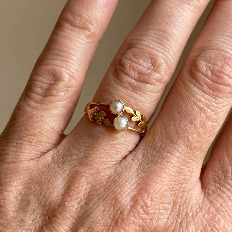 Vintage Double Moonstone Gold Plated Leaf Band Ring